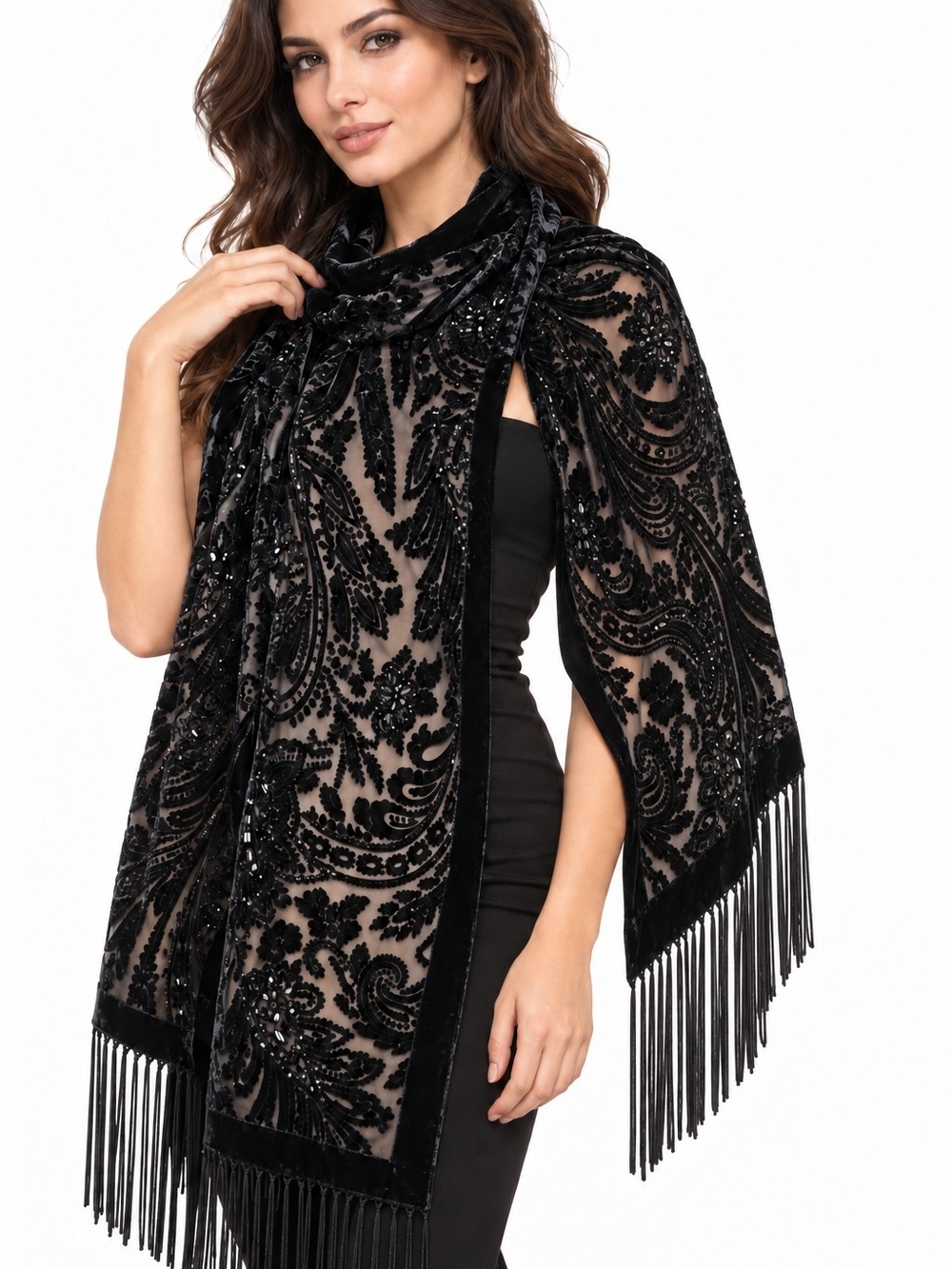 Mary Kate Black Velvet Burnout Paisley Beaded Fringe Scarf Wrap formal chic